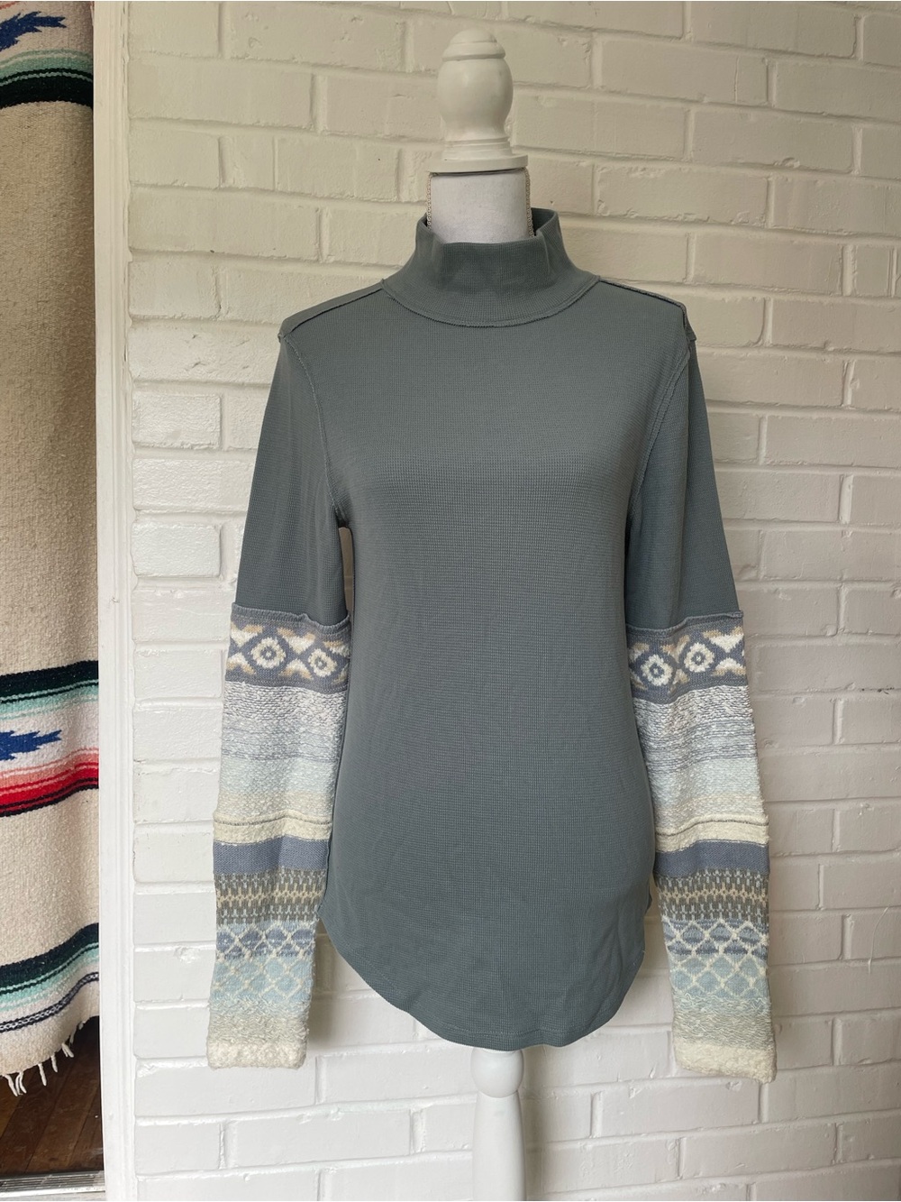 We The Free Slate Gray Mock Neck Tunic with Patterned Sleeves Size XL